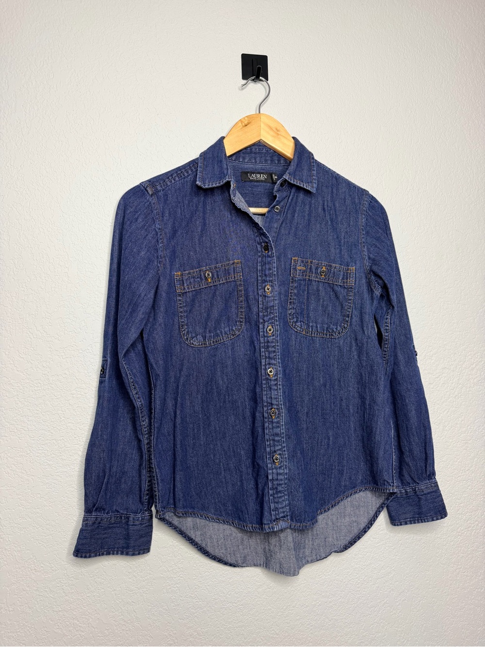 Lauren Ralph Lauren Womens XS Denim Chambray Shirt Blue Long Sleeve 100% Cotton